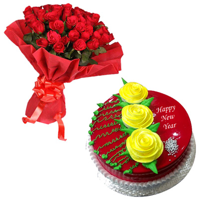 "Strawberry Gel Cake -1 kg, 25 Red Roses flower bunch - Click here to View more details about this Product